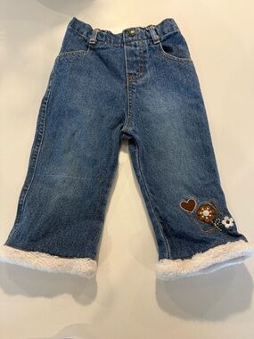Baby Girl Blue Denim Jeans with Sherpa Cuff and Floral Embroidery Size 18m